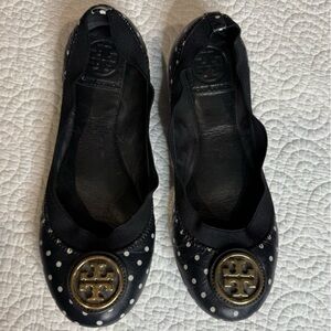 Tory Burch Black Flats with Gold Logo and White Dots